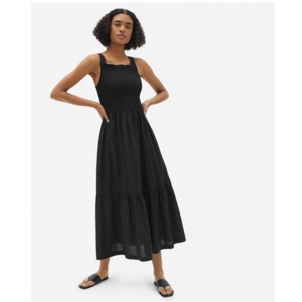 Everlane Black Smocked Bodice Tiered Midi Dress